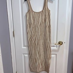 Midi beige and cream zebra print dress with slit
